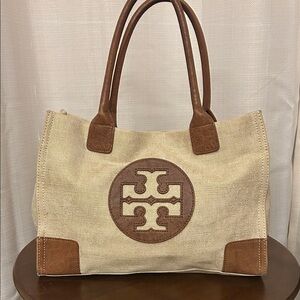 Tory Burch Tote Bag with Tan Leather Accents - Beige Canvas Carryall